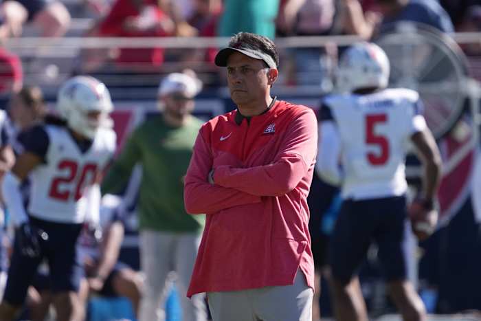 Nov 19, 2022; Tucson, Arizona, USA; Arizona Wildcats head coach Jedd Fisch looks on prior to the game against the Washington State Cougars at Arizona Stadium. Mandatory Credit: Joe Camporeale-USA TODAY Sports